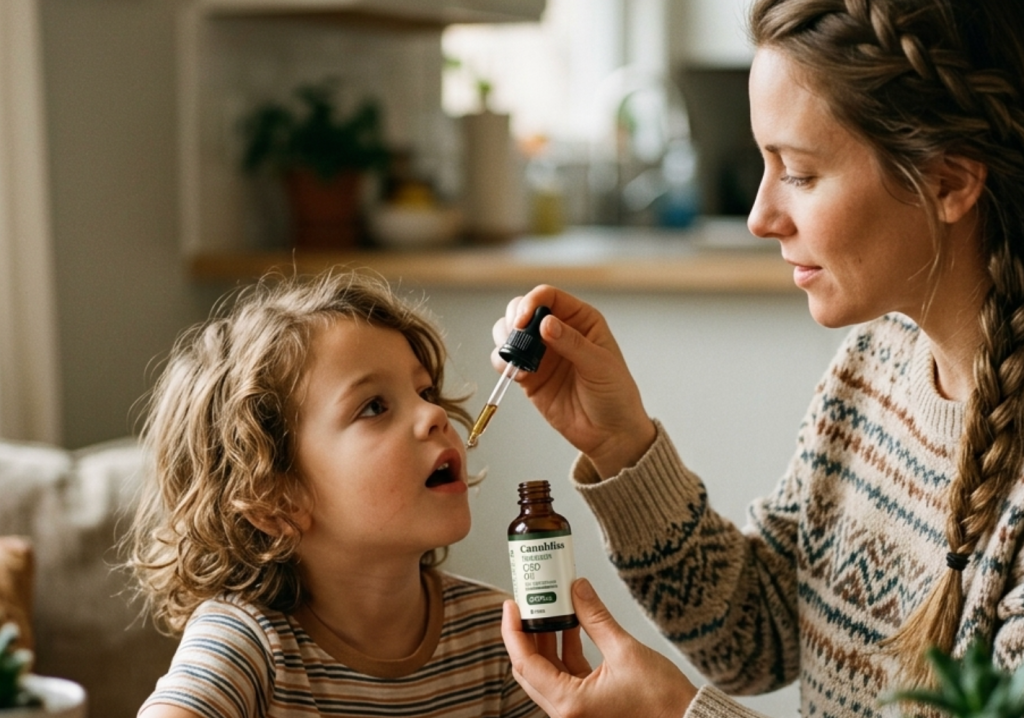Mãe pingando óleo de CBD na boca de criança